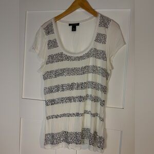 White House Black Market White Tee with Silver Sequin Stripes